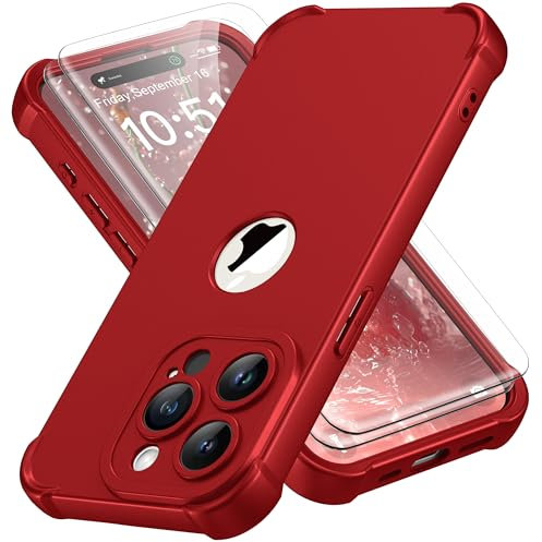 ORETECH for iPhone 15 Pro Case 6.1 inch, with [2 Pack Screen Protector] [Camera Lens Guard] [15FT Military Grade Drop Test] 360° Shockproof Slim Fit Design Rubber Bumper Phone Cover - Red