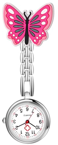 Silverora Taschenuhren Schwesternuhren Krankenschwestern Uhren: Leicht Ablesbare Analoge Quarz Krankenschwesternuhren Schmetterling Dekorative Fob Uhr mit Stethoskop Clip für Ärzte Schwestern rot rosa