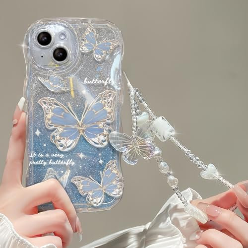 Lomzexwi Case for iPhone 13 Wave Mobile Phone Case with Beads Bracelet, Butterfly Flower Design Women Girls Crystal with Cute Chain Case for iPhone 13, Gradient Glitter Blue Paper Jam