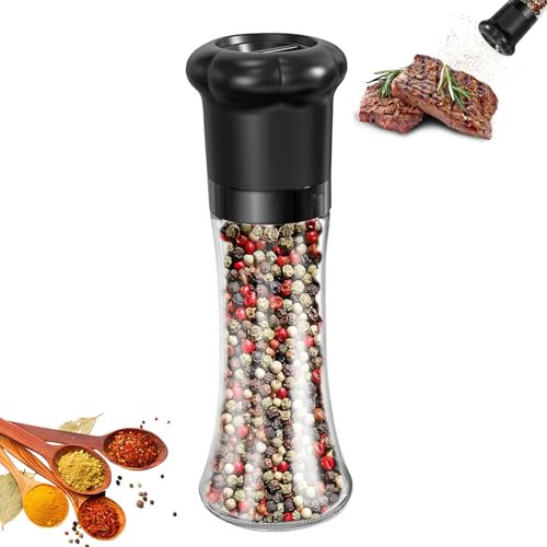 Moulin à poivre manuel du chef professionnel, salière et poivrière, lot de 2 avec lames en céramique, grain réglable et récipient en verre de 180 ml sans BPA, grand noir et blanc (Noir)