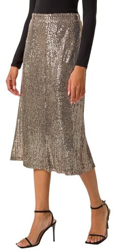 Roman Sequin Sparkle Stretch Midi Skirt for Women UK - Ladies Spring Everyday Summer Holiday Elasticated Waistband Comfy Fully Lined Soft Fun Party Date Skirts - Bronze - Size 14