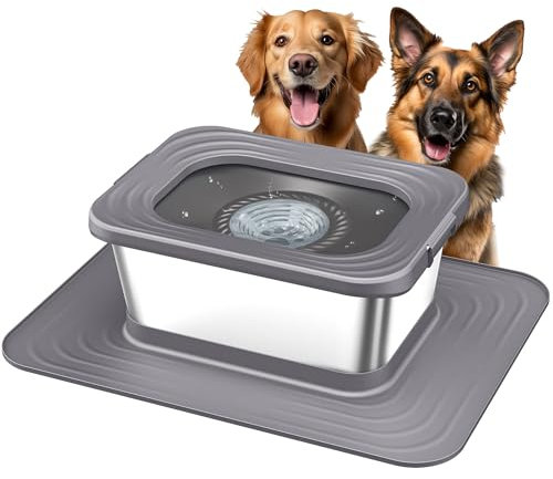 Decflow 10L Stainless Steel Dog Water Bowl, No Spill Anti-Splash Dog Bowls with XXL Silicone Mat, Spill-Proof Slow Feeder for Messy Drinkers, Heavy Duty Pet Bowls for Indoor/Outdoor Use