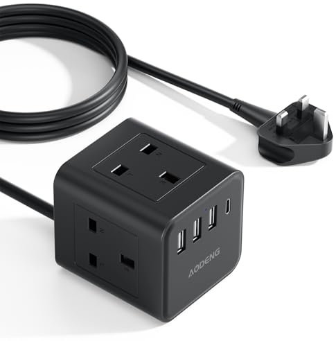 Extension Lead with 4 USB Slots, 4 Way (13A/3250W) Multi Plug Extension Cable, UK Desktop Power Extension Cord with Multi Socket, 1.5M Extension Cable (black, 3M)