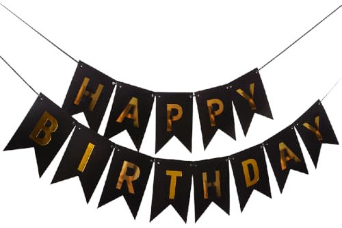 Kiyanest Bandera de Feliz Cumpleaños Negro & Oro – Guirnalda de Lujo para Decoraciones de Fiesta