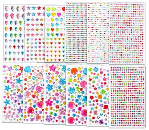 Vpqnee 12 Sheets Self-Adhesive Gem Stickers Jewels for Arts and Craft Projects, Scrapbook Rhinestone Stickers with Variety of Shapes and Sizes on Bags, Cards, Papers, Face