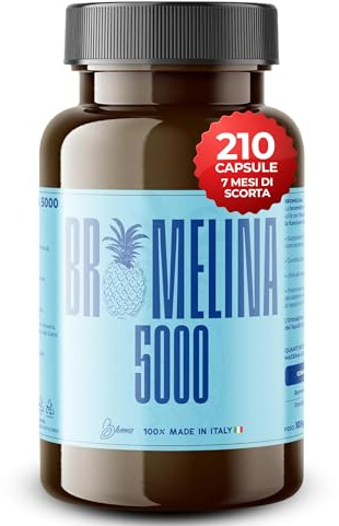 Bromelina 210 Capsule Forte Drenante 5000 GDU/g (1 Capsula al Giorno X7 mesi) - Funzione Digestiva e Drenante, Contrasta la Sensazione di Pesantezza delle Gambe