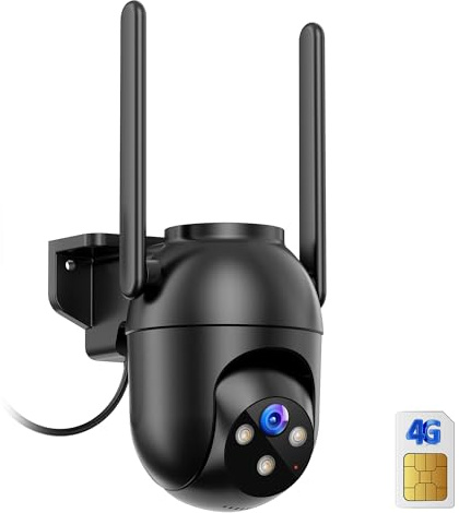 SIIOOE 4G LTE Telecamera Esterno con Sim Interno: 2K HD Videosorveglianza Visione Notturna Colori - Videocamera Sorveglianza Esterno PIR Rilevazione Movimento IP66 Telecamere Nero - Cablato