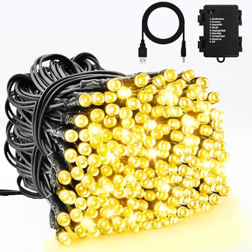 Dalugo Lichterkette Außen Batterie, 10M 100 LED USB Lichterkette mit Timer, 8 Modi, IP65 Wasserdicht Warmweiß Weihnachtsbeleuchtung Außen für Christbaumschmuck, Garten Deko, Schwarzem Kabel