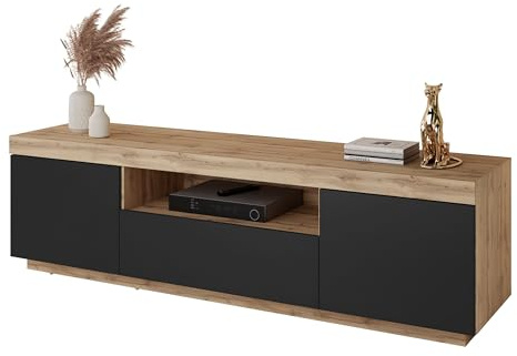 Lookway TV-Schrank Yoshi auf Sockel – Front in Schwarz oder Weiß, Korpus Wotan Eiche, modernes Wohnzimmermöbel, 170×49×42 cm (Schwarz)