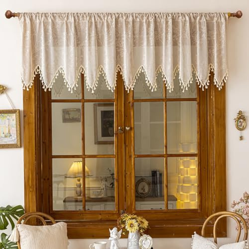 Tolldek Scheibengardinen modern Wohnzimmer Küche Beige Bistrogardine 1er Halbtransparente Scheibengardinen Blatt Küchengardinen kurz H60xB200 cm Küchenvorhänge Landhausstil Gardine Küchenfenster