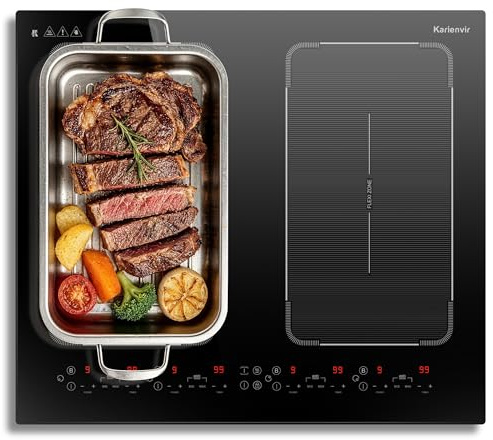 Karienvir Plaque à Induction 4 Feux 60CM avec Deux Zones Flexibles et Boost | 52*59 CM, Fonctions Boost et Maintien au Chaud, Verrouillage de Sécurité, Minuterie de 99 minutes, 7200 W
