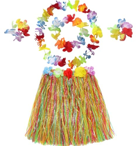 VICASKY Ensemble Jupe de Paille Hawaïenne 40 Cm Longueur, Guirlande Fleurie Colorée, Kit Costume 5 Pièces pour Fête Luau, Accessoires Plage et Danse, Décorations de Fête Hawaïennes