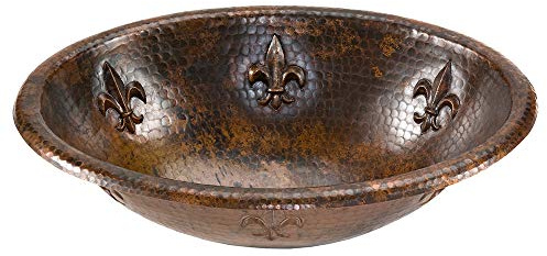 Premier Copper Products LO19RFLDB 19-Inch Oval Fleur De Lis Self Rimming Hammered Copper Sink, Oil Rubbed Bronze