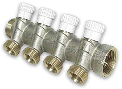 4- fach Messing Verteiler, mit Absperrventil blau, Balken mit [1''IG x 1''AG], 4 Abgänge mit 3/4'' EK (Eurokonusanschluss)