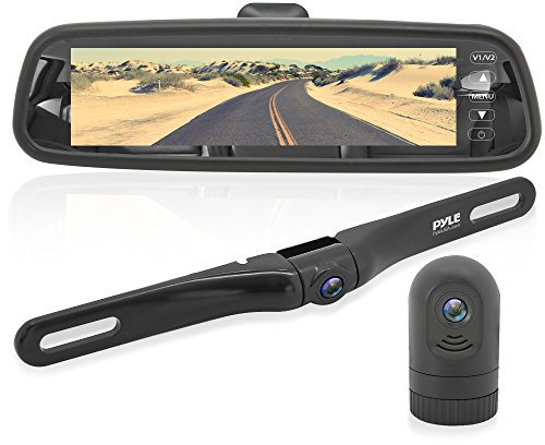 Pyle Dash Cam Rearview Mirror Monitor - Dual Front Rear Slim Bar w/Backup Camera 7.4” LCD Display Screen Waterproof IP-69 DVR Video Recording w/Night Vision Illumination - PLCMDVR77