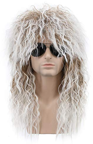 karlery Herren und Damen Lang Lockige Braune Weiß Perücke 70er 80er Rocker Mullet Vokuhila Perücke für Männer Party Kostüm