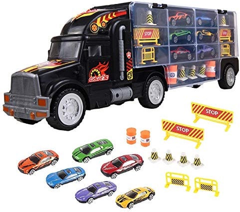 Soka® Car Transporter Carrier Truck Toy - Play Vehicle Set of 1 Big Truck Carrier, 6 Colourful Metal Cars, 5 Cones, 2 Barrels and 4 Stop Signs