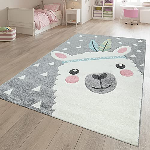 TT Home Kinderteppich Alpaka Motiv 3-D Design Robust Flauschig Weich Kurzflor Grau, Größe:Ø 133 cm Quadrat