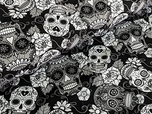 Baumwolljersey Mexikanische Totenköpfe mit Blumen Weiss/Schwarz Stoff Meterware