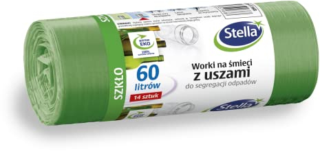 Stella 035168 Lot de 14 sacs poubelle avec poignées pour le tri des déchets en verre | 60 l | Sacs poubelle pour les déchets ménagers et le bureau en film granulé LDPE épais, couleur : vert