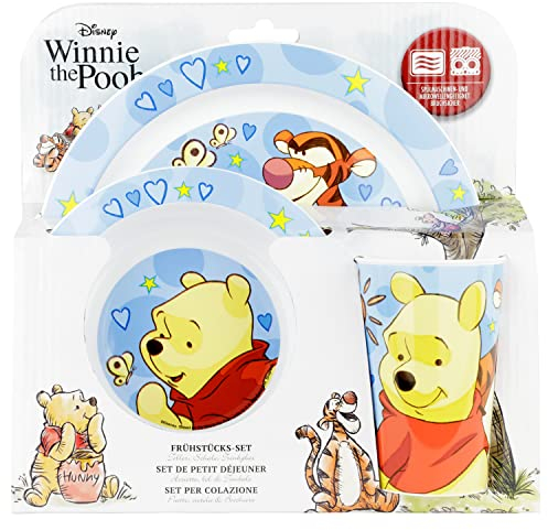 p:os 33543088 - Winnie Pooh Frühstücksset, 3-teiliges Geschirrset mit Teller, Schüssel und Trinkbecher, Kindergeschirr aus Kunststoff, spülmaschinen-/mikrowellengeeignet