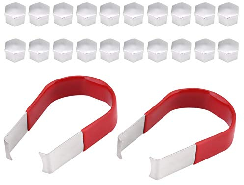 Universal 20 Stück 19 mm Chrom-Radmutter-Abdeckkappen mit Demontagewerkzeug, Demontage für Capuchon-Sechskant, 19 mm Radmutter-Abdeckungs-Entfernungswerkzeug