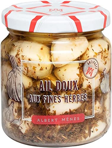 Albert Ménès Ail Doux aux Fines Herbes - Ail à l’Huile à la Texture Ferme et Croquante - Doux et Naturel - Produit Savoureux - Idéal pour l’Apéritif - Conservation en Saumure - 120g