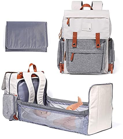 BANNESE Baby Wickelrucksack Wickeltasche Tragbar Reisebett Wickeltasche Multifunktions-Klappbett Flasche Isolierung Rucksack Mit Windelpolster,Für Baby Schlaf, Tour, Reise,Beige