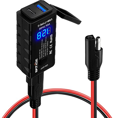 BATIGE Motorcycle USB Charger SAE to USB Adapter Type C and Quick Charge USB 3.0 with Voltmeter, ON/Off Switch and 3.6FT SAE Extension Cable Waterproof 3 Install Options for GPS Smartphone Camera