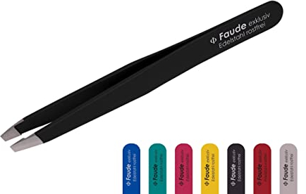 Faude Profi Pinzette zum Augenbrauen zupfen auch für feine Härchen und eingewachsene Haare, schräg, 9,8cm, komplett Edelstahl oder mit Silk Touch Beschichtung(farbig) (SCHWARZ)