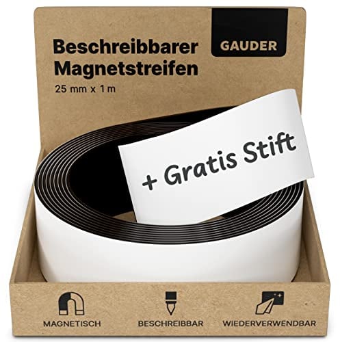 GAUDER Dry Erase Magnetic Tape | Magnetic Strips | Magnetic Labels | Magnetic Tape (25 mm x 1 m)