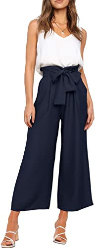 FANCYINN Damen 2 teiliges Crop Pants Set mit weitem Bein Wide Strap V-Ausschnitt Tank High Waist Cropped Paper Bag Hose mit Gürtel weiß Top und Meerblau Hose M