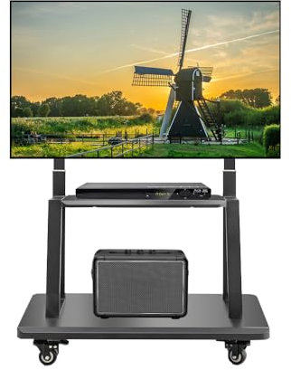 Hellsehen Mobile TV Cart,Rolling TVs Cart on Wheels Height Adjustable Heavy-Duty Floor Stand Base for 42-86 Inch LCD LED OLED Flat Panel Screens Smartboard Movable Holds up to 176lbs with Shelf
