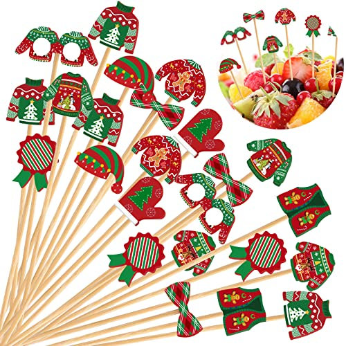 200 Pieces Christmas Cocktail Picks Ugly Sweater Cupcake Toppers Medals Glasses Gloves Hats Bows Appetizer Toothpicks Christmas Food Picks Bamboo Skewers for Holiday Drink Fruit Dessert, 4.7 Inches