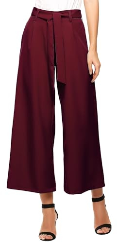 Beyove Damen Weite Hosen Elegante Sommer 7/8 Palazzo Hose Hohe Taille Loose Gerade Anzughosen Elastischer Bund Freizeithosen mit Taschen Weinrot L