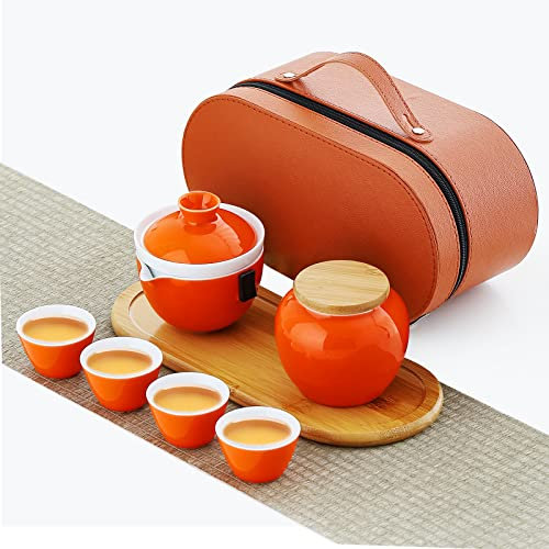 Juego de té japonés, juego de té de porcelana para mujer, juegos de té Kungfu con 1 tetera (con colador), 4 tazas de té, bandeja de té, bolsa de té, regalo todo en uno para picnic, al aire libre,