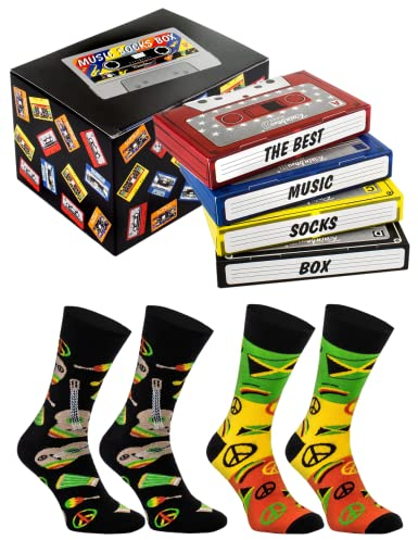 Rainbow Socks – Reggae Socks Music Box – 2 Pairs Of Music Socks In A Cassette Tape – Gift For A Fan Of Reggae Music – Music Gadget For Her And Him-Size 12-14