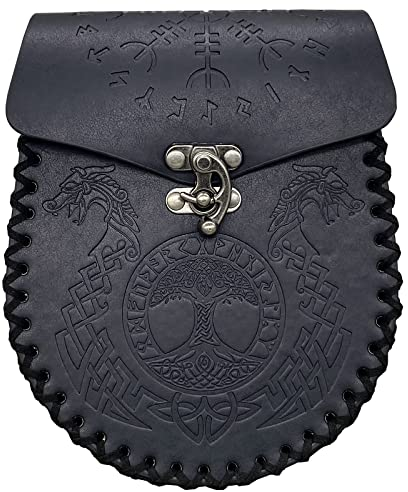 HiiFeuer Gürteltasche mit nordischer Prägung, Retro-Mittelalter-Kunstleder-Seitentasche, tragbare Vintage-Gürteltasche für LARP Ren Faire (Dragon Schwarz)