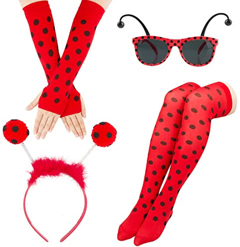 BOFUNX Bienen/Marienkäfer Kostüm für Damen Mädchen Erwachsene Marienkäfer Bienen Brille Haarreif Fingerlose Handschuhe Tüllrock Faschingskostüm für Karneval Fasching Halloween Mottoparty