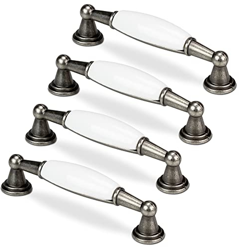 Mavö 4 Stück Möbelgriff Schrankgriff Porzellan Küchengriff silber Vintage Lochabstand, Griff für Möbel 96mm VADA.2 Altsilber