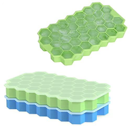 Ice Cube Tray With Lid, 2 Pcs Silicone Ice Cube Tray, Flexible Ice Cube Molds for Freezer, Small Ice Cube Trays, Each Makes 37 Grid Silicone Ice Cube for Chilled Drinks, Whiskey, Cocktail (Blue&Green)