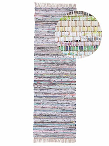 carpetfine Flickenteppich Kelim Chindi Läufer beige 75x240 cm | Fleckerlteppich aus Baumwolle für Wohnzimmermit Fransen