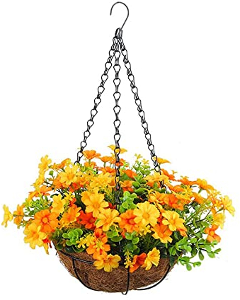 GOXAEEE künstlicher Hängekorb mit Blumen, blumentopf hängend blumenampel außen zur Dekoration von Terrasse, künstliche Pflanzen im Außenbereich, Hängekorb für Zuhause im Freien (Gelb)