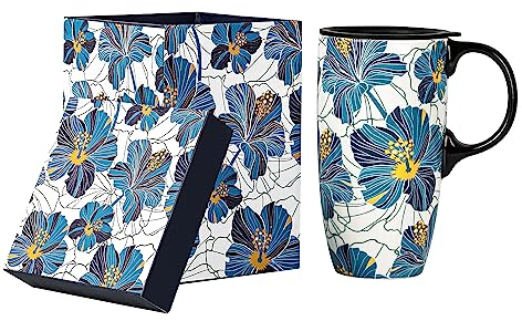 Topadorn Ceramic Travel Mug with Lid and Handle, Microwave & Dishwasher Safe, 17 Oz Unique Coffee Mug for Latte & Hot Chocolate, Yellow & Blue Flowers
