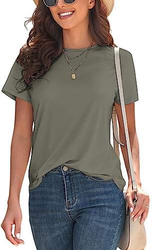 KevaMolly Basic Light Army Green T Shirts for Women UPF 50+ Short Sleeve Casual 2026 Spring Summer Tops Solid Loose Fit Crew Neck Tees Tshirt L