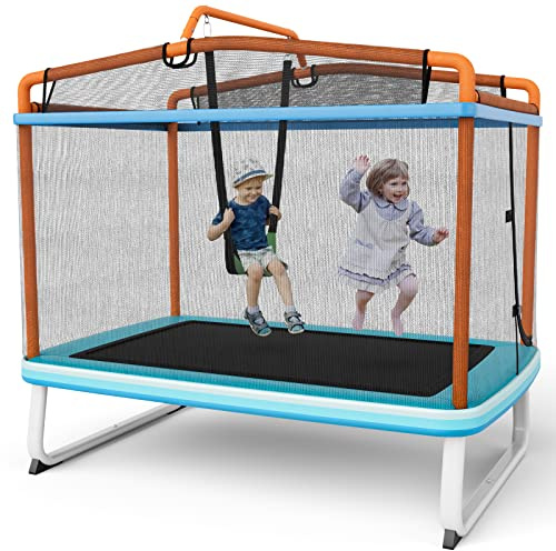 GOPLUS 180cm Trampoline Extérieur pour Enfant avec Balançoire, Charge 220KG, Filet de Sécurité, Barre Horizontale, Cadre en Métal Galvanisé, 2 en 1 Trampoline Rectangulaire pour Enfants 3 Ans+