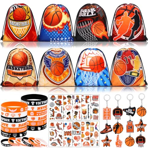 vamei 48 Stk Basketball Mitgebsel Kindergeburtstag Basketball Party Mitgebsel Jungen Gastgeschenk mit Rucksack mit Kordelzug Schlüsselanhänger Tattoo Aufkleber Schnapparmband Give Aways für Kinder