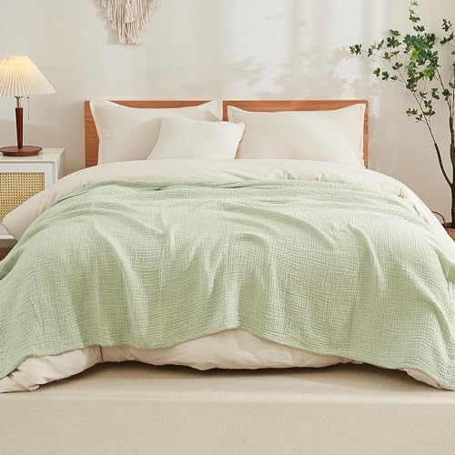 EMME Baumwolldecke 100% Musselin Decke Erwachsene 127 x 152 cm, Sofadecken Atmungsaktive Weiche Groß Decke Alle Jahreszeiten Vorgewaschen Couch Decken Baumwolle Tagesdecke, Salbeigrün
