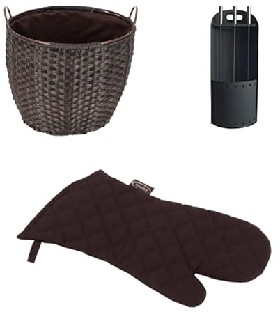Holzkorb-Set| Holzkorb, Kaminhandschuh, Kaminbesteck| Rattan Braun| 68 L