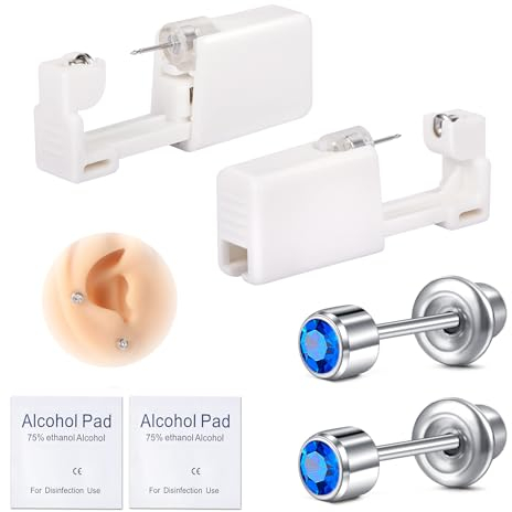 AVYRING Ohr-Piercing-Pistole Kit, selbst Einweg-Ohr-Piercing-Kit 316L chirurgischen Edelstahl mit runden kubischen Zirkoniumdioxid, zu Hause selbst Ohr Piercer Kit Werkzeug mit 4mm blau CZ Stud